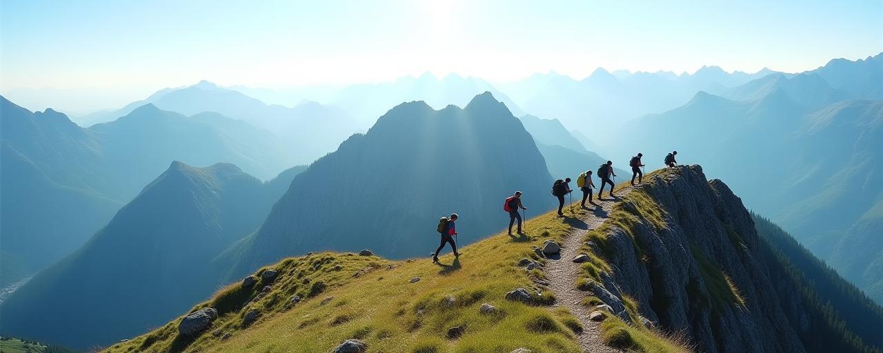 Skupina turistů při zdolávání hřebenovky v Tatrách
