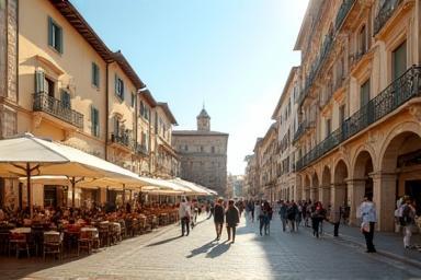 Historické náměstí plné turistů a kaváren v odpoledním světle