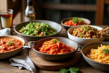 Různé tradiční pokrmy servírované v rustikální restauraci