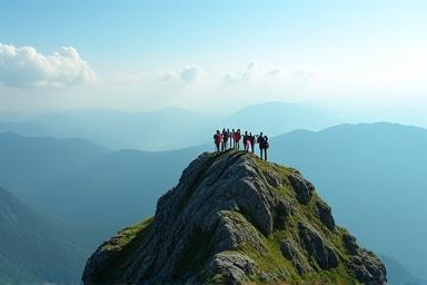 Turisté na vrcholu hory s panoramatickým výhledem