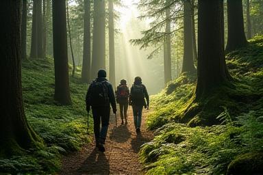 Skupina turistů při výstupu v horském lese