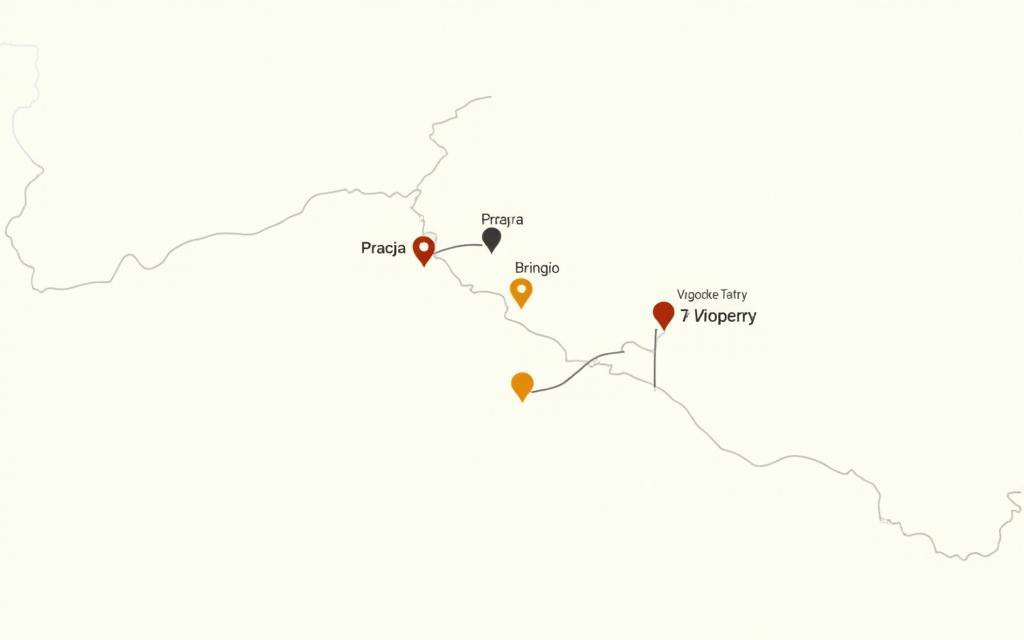 Statická mapa se zvýrazněnými destinacemi: Praha, Brno, Vysoké Tatry